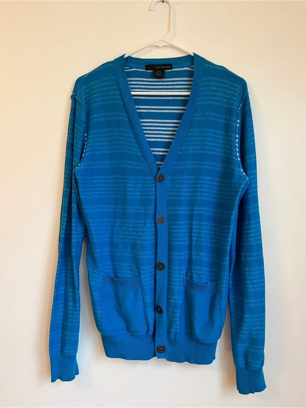 Calvin Klein Jeans Men’s Blue Striped V-Neck Button Sweater Cardigan Size S/P